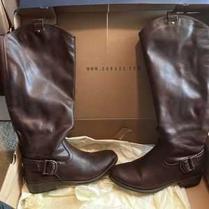 Extended calf, tall brown boots, low minimal heel